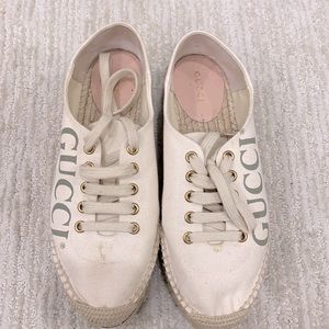 Gucci Beige Platfore Logo Canvas Lace Espadrille